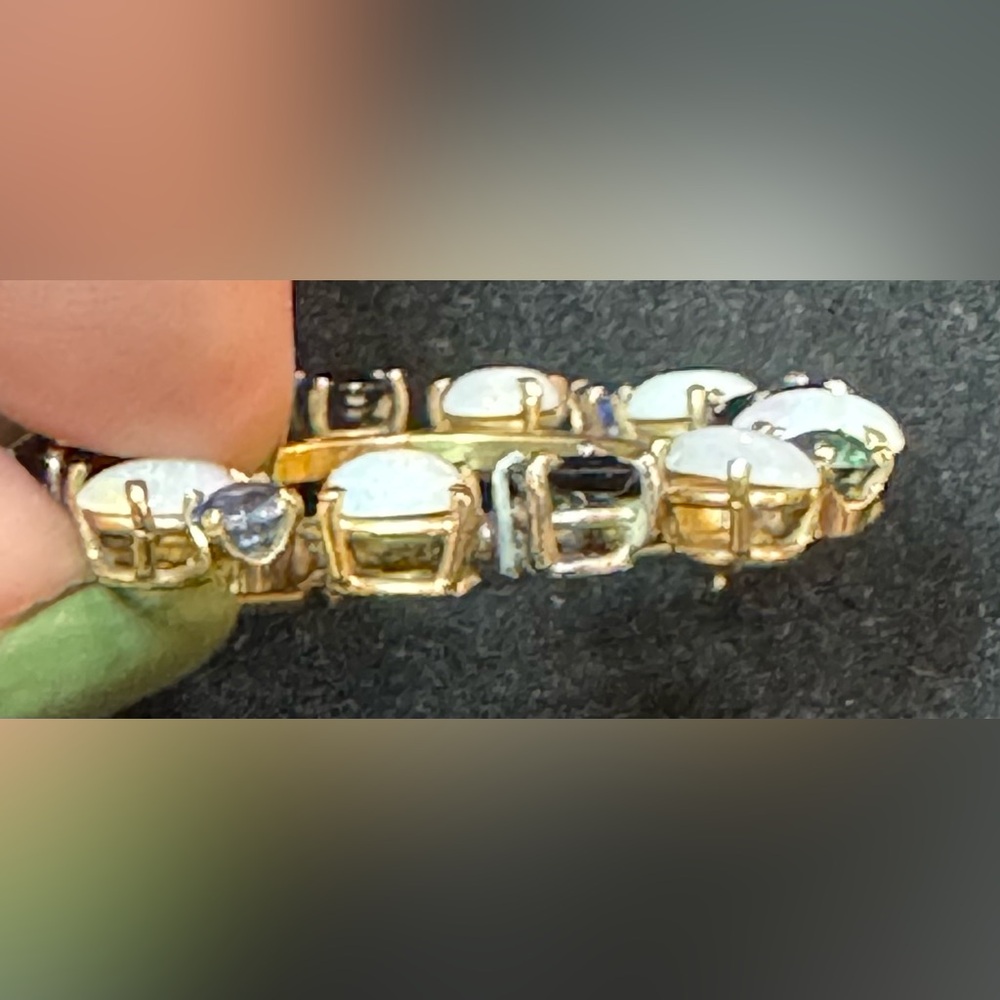 Vtg 14K? Yellow Gold Opal & Sapphire Circle Brooch Screw Lock Pin Mid-Century 8g - Picture 15 of 16